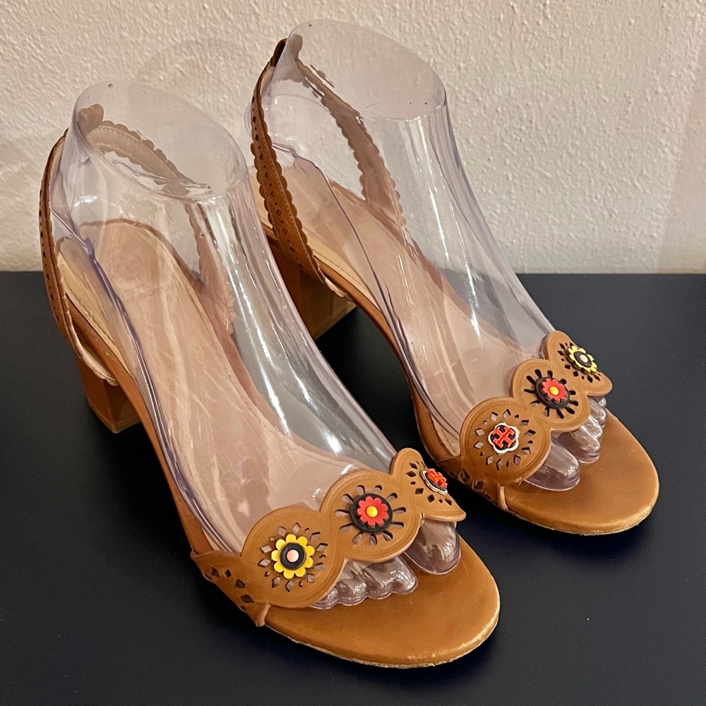 Tory Burch Brown Leather Open Toe Block Heel Sandal